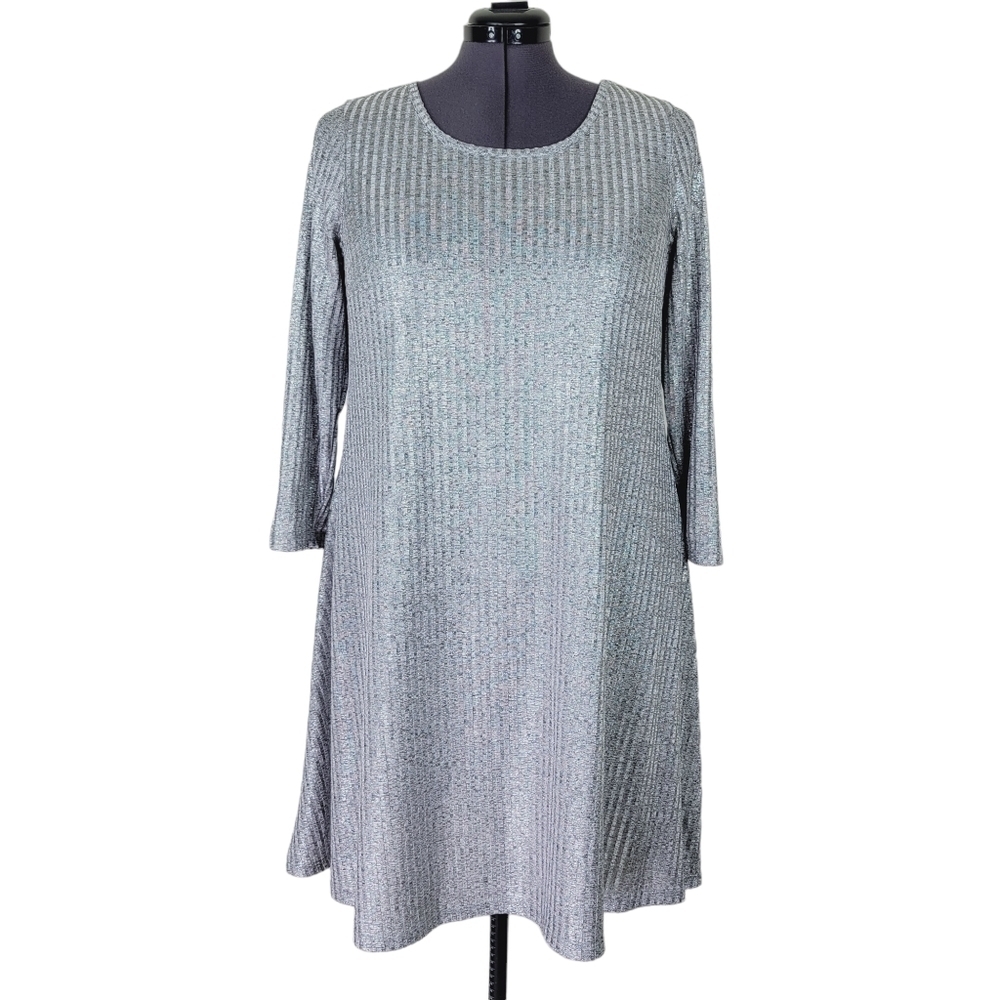 Torrid Trapeze Dress Size 2 2X Silver Metallic Shimmer Ribbed Knit 3/4 Sleeve
